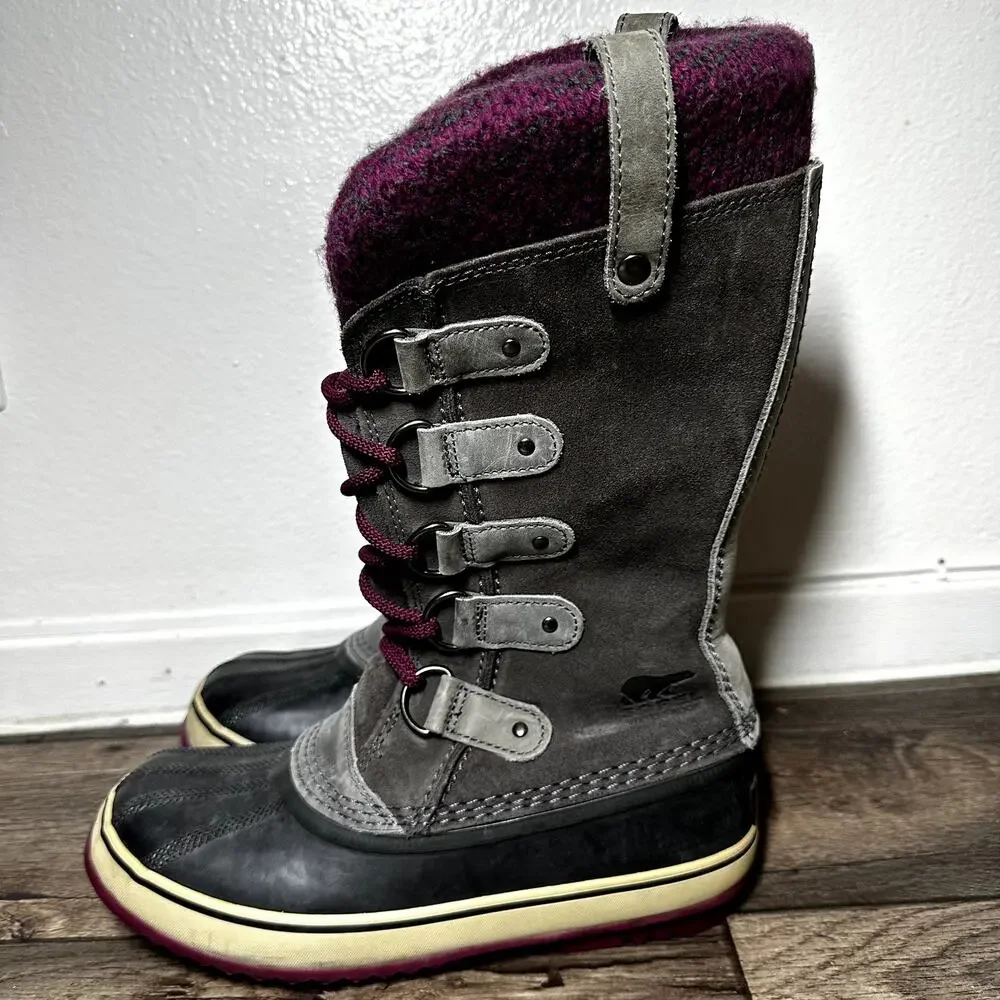 Sorel Joan of Arctic Knit Shale Winter Boots Lace Up Round Toe Waterproof 7.5